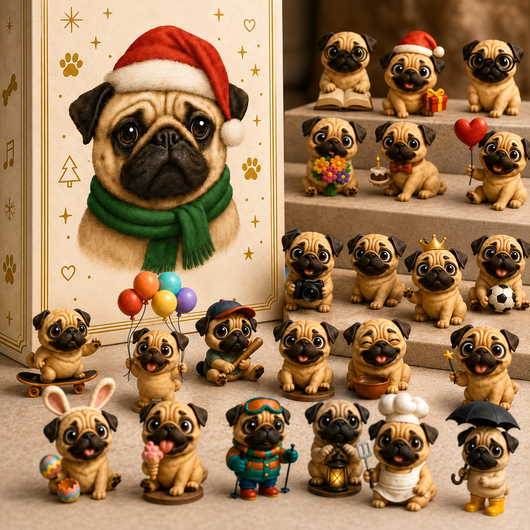 Familie öffnet den Mops Adventskalender