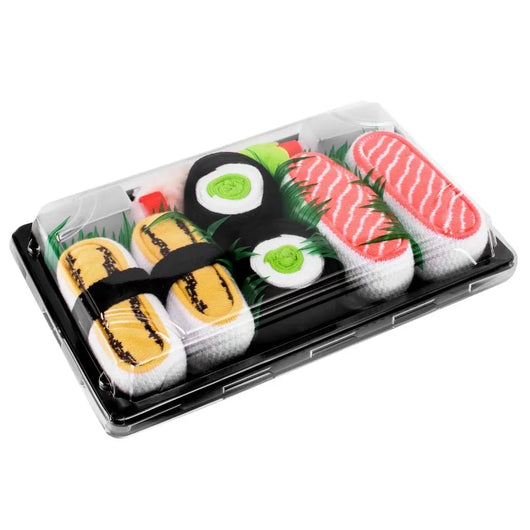 Velora Sushi Box, drei Paar Socken verpackt wie Sushi