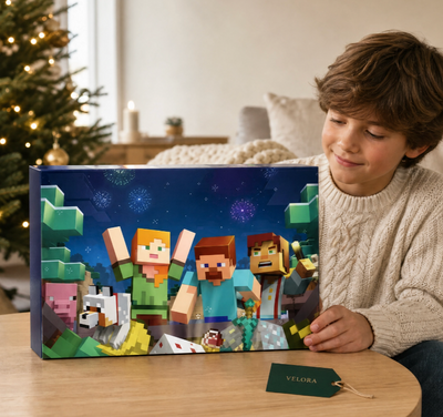 Junge öffnet den Minecraft Adventskalender am Tisch