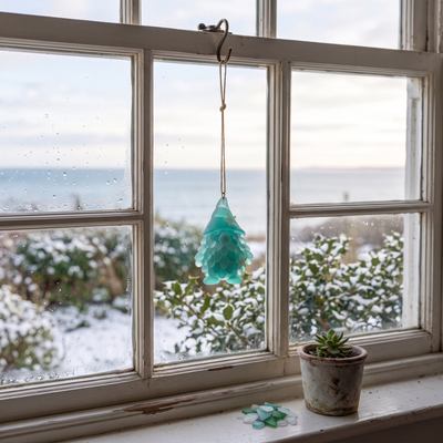 Einzelner Seeglas-Wichtel am Fenster