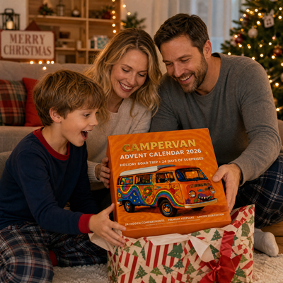 Familie öffnet den Campervan Adventskalender