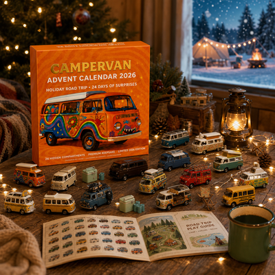 Campervan Adventskalender mit Lichterkette und Laterne